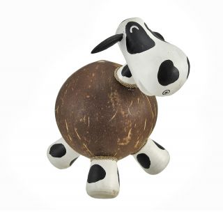 this cute coin bank is made from a recycled coconut shell and painted