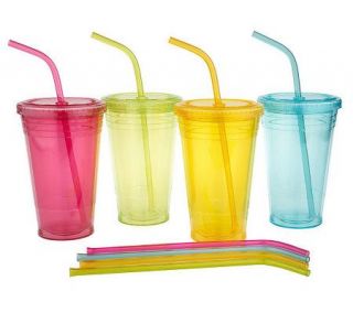 Set of 4 18 oz. Acrylic Double Wall Tumblers with Reusable Straws 