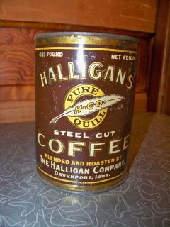   Halligans Pure Quill Steel Cut 1 Pound Coffee Tin Davenport Iowa