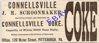 Very Old 1883 Schoonmaker Connellsville Coke Ad Mines