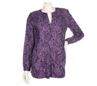 Denim & Co. Split Neck Printed Tunic with Sequins & Pintuck Detail