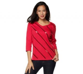 Quacker Factory 3/4 Sleeve Diagonal Sequin Stripe T shirt —