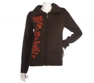 Susan Graver Sweater Knit Zip Front Cardigan with Floral Embroide 