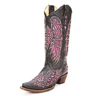 Corral womens A1049 Handcrafted Black Fashion Western Boots with Pink