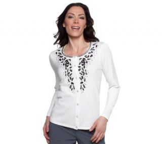 Susan Graver Button Front Cardigan Sweater with Beaded Detail 
