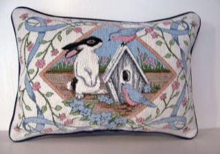 Rabbit w Birds Birdhouse Chenille Tapestry Pillow New