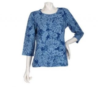Denim & Co. 3/4 Sleeve Scoop Neck Tropical Print Knit T shirt