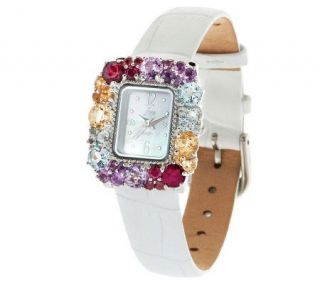 Aria 5.35 cttw Multi gemstone Sterling Case Watch with Leather Strap 