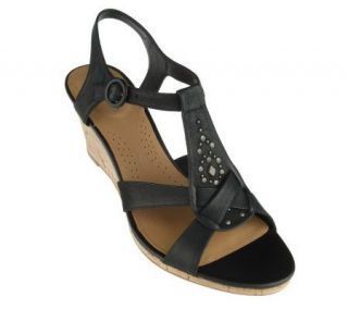 Clarks Leather T Strap Stud Detail Wedge Sandals —
