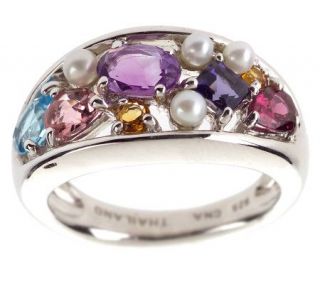 Sterling Multi Gemstone & Cultured Freshwater Pearl Ring —