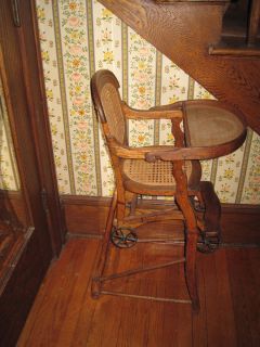 Antique Oak Convertible High Chair Stroller For Child Or Doll