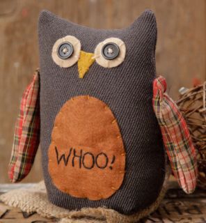 Primitive Country Folk Art HOMESPUN OWL Fabric Stuffed Doll WHOO
