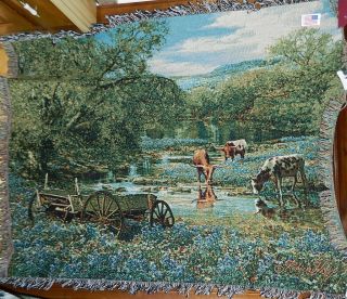 Wagon Cattle Cows Hill Country Blues Tapestry Afghan throw Blanket
