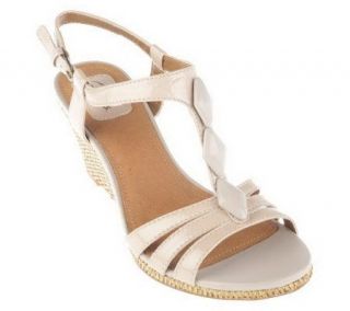 Clarks Leather T Strap Wedge Sandals w/Stone Detail —