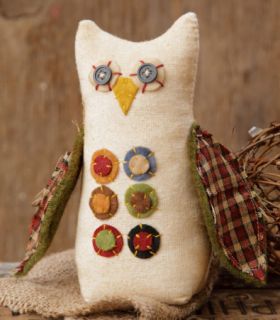Primitive Country Folk Art Owl Fabric Stuffed Doll Penny Charms Cream