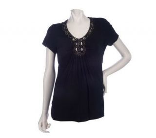 by Marc Bouwer V neck Knit Top with Embellishment —