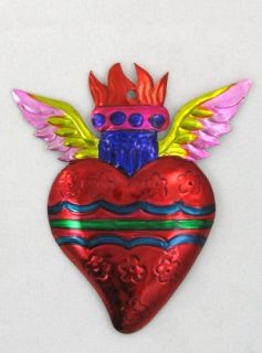 BEAUTIFUL WINGED FLAMING TIN HEART MILAGRO ORNAMENT FOR HOME
