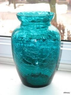 Teal Crackle Glass Vase 7 5 Vintage Art Glass