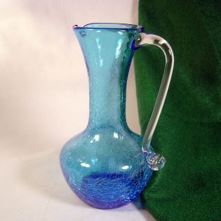 Blue Crackle Glass 6 Pitcher Bud Vase w Clear Handle Hand Blown