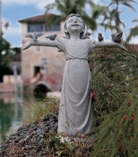 Little Bird Lover Girl Garden Sculpture Patio Statue