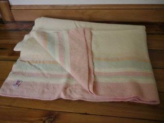Vintage 50s Mossfield Cream Pastels Pink Striped Wool Canadian Blanket