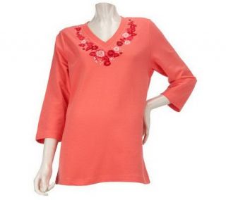 Denim & Co. 3/4 Sleeve V Neck Floral Embroidery Top   A221869