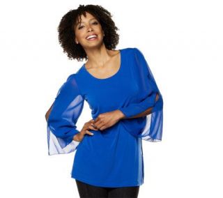 Susan Graver Liquid Knit Scoop Neck Top with Chiffon Sleeves