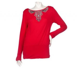 Bob Mackies Floral and Geometric Embroidered Knit Top —