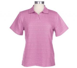 Denim & Co. Textured Johnny Collar Short Sleeve Polo Shirt —