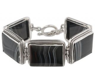 Artisan Crafted Sterling Banded Black Agate Link Bracelet —