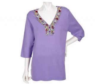 Quacker Factory Jewelry Chest 3/4 Sleeve V neck Sweater —