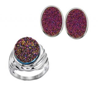 Choice of Oval Drusy Sterling Ring or Omega Back Earrings 