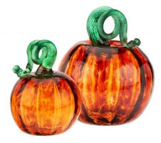 Kitras Art Glass Set of 2 Handcrafted Pumpkins —