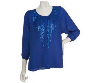 Bob Mackies Scoopneck Sequin Feather Button Front Crinkle Blouse 