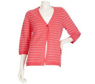 Denim & Co. 3/4 Sleeve One Button V neck Striped Sweater Duet