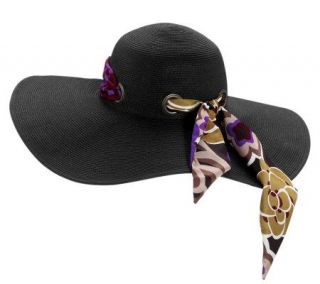 San Diego Hat Company Wide Brim Straw Hat with Scarf Detail — 
