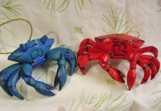 Red and Blue Wood Carved Crabs Decorative Ornaments