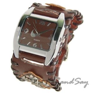 K091 Brown Leather Cross Wristband Watch Bracelet New