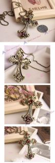 style vintage bronze crystal cross pendant long chain necklace lkx0058