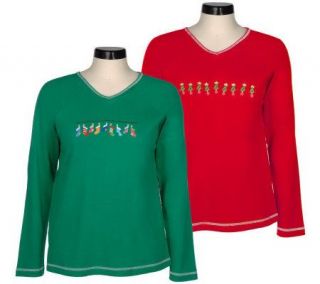 Quacker Factory Set of 2 V neck Embroidered Holiday Tees   A4998