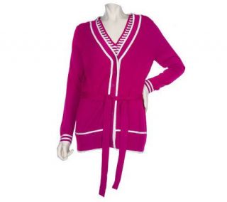 Dialogue Belted Cardigan & Shell Set w/ Contrast Stripe Detail