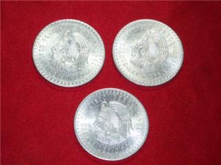 Two 1947 Cuauhtemoc (lower Mintage) & One 1948 Cinco Pesos 90% Silver