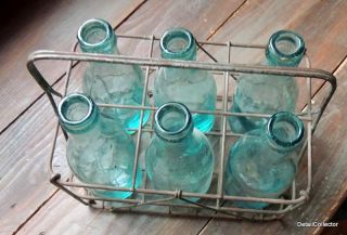 Antique CRYSTAL SPRING WATER Bottle 6 Pack Set & WIRE CARRIER Old Blue