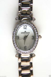 New Anne Klein AK Crystal Accented MOP Dial Silvertone Oval Watch 10