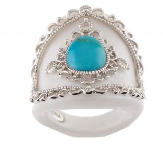 Turquoise and White Agate Sterling Concave Band Ring —