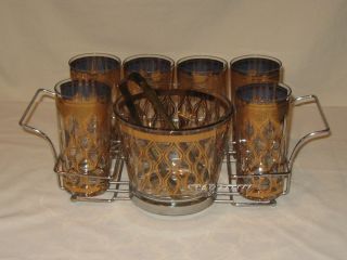 Vintage Culver Gold Highball Glasses Bar Set Caddy Ice Bucket Mad Men