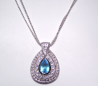 Cubic Zirconia and Sterling Silver Pendant Necklace Double Chain Pear
