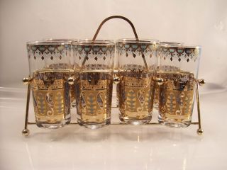 Culver Signed Set of 8 Drinking Glasses with Glass Holder Vintage