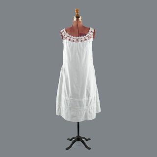  Antique White Cotton Floral Crochet Nightgown Slip s M