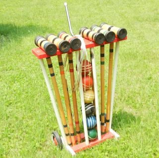 Vintage 6 Player Croquet Set with Wooden Stand on Wheels